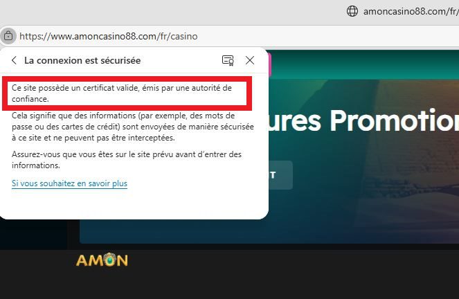Confirmation du Certificat SSL de Amon Casino