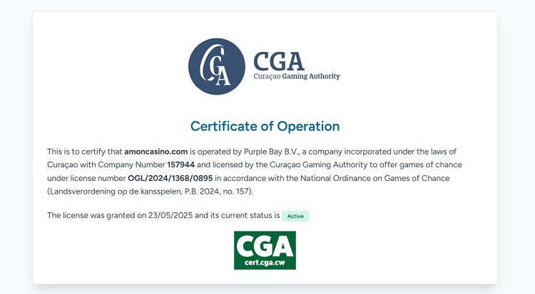 Licence de jeu de Amon Casino, delivrée par Curaçao Gaming Commission