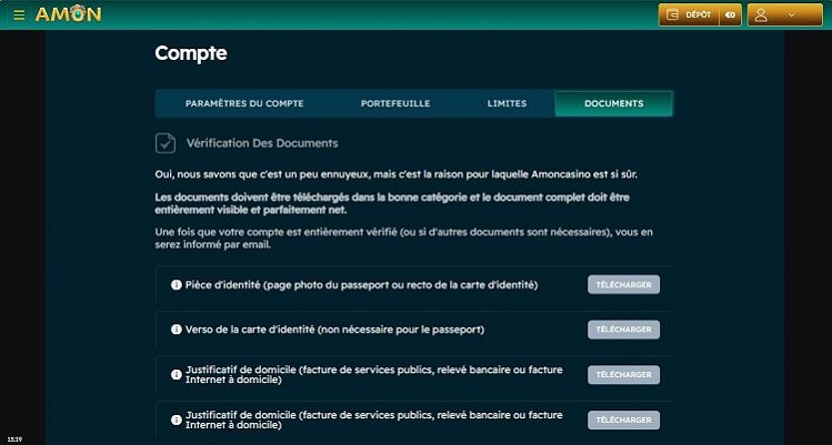 Page de verification de compte sur Amon Casino