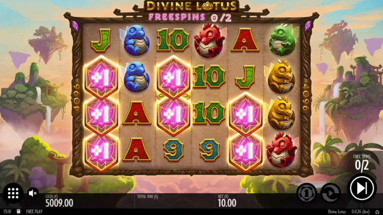 Bonus freespins Divine Lotus avec compteur lotus à gauche et symbole Mystery au centre