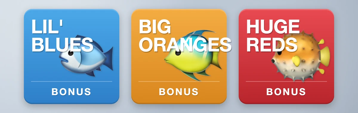 Les 3 bonus games d'Ice Fishing : Lil Blues, Big Oranges et Huge Reds avec leurs poissons et multiplicateurs respectifs