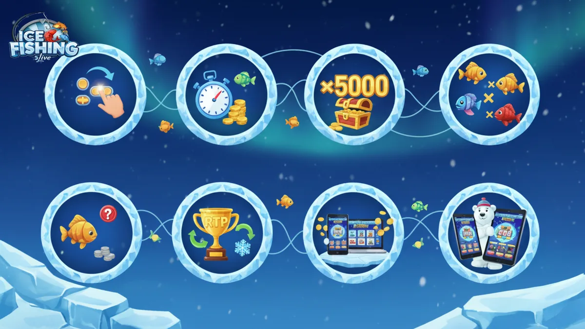 Caractéristiques d'Ice Fishing : mise flexible, RTP 97,10%, gain max x5000, 3 bonus games, multiplicateurs et compatibilité mobile