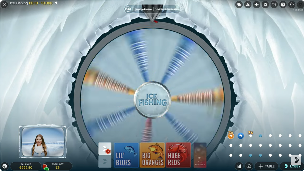 ice fishing etape 6 le présentateur lance la roue