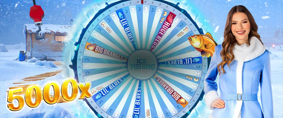 Roue Ice Fishing d'Evolution Gaming avec ses 53 segments : Lil Blues, Big Oranges, Huge Reds et multiplicateurs jusqu'à 5000x
