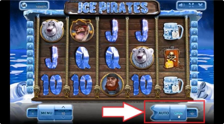 Ice Pirates : bouton spin pour lancer les rouleaux du slot sur lâinterface du jeu
