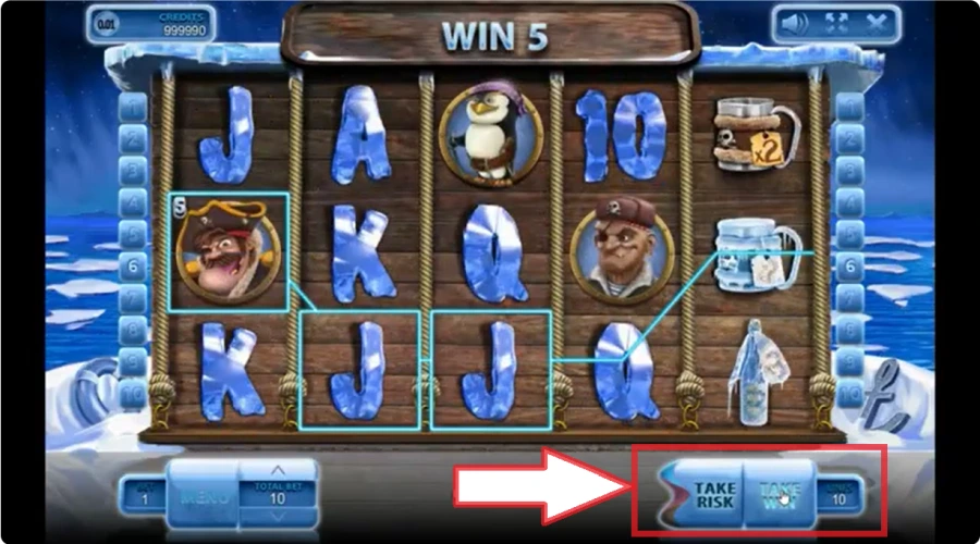 Ice Pirates : mini-jeu RISQUE affiché aprÚs un gain avec option de doubler les gains obtenus