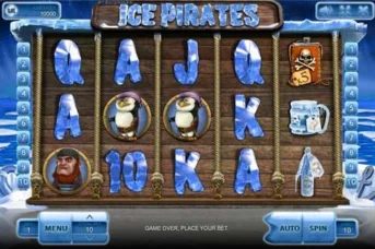 Slot Ice Pirates d'Endorphina : 5 rouleaux avec symboles glace (cartes Q, J, K, A) et personnages pirates (pingouin, ours, marin)