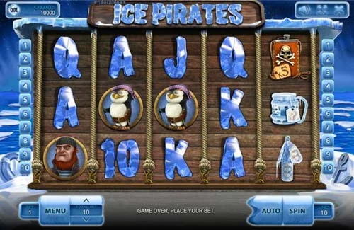 Slot Ice Pirates d'Endorphina : 5 rouleaux avec symboles glace (cartes Q, J, K, A) et personnages pirates (pingouin, ours, marin)