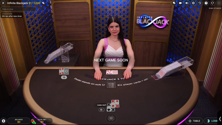 Table de blackjack réaliste avec croupier et joueurs placés sur les emplacements