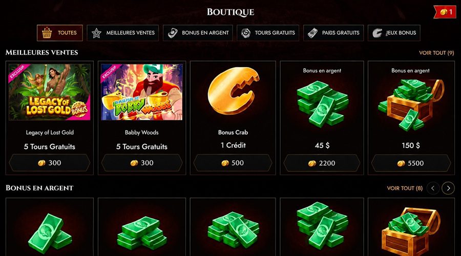 Bonus sans dépôt sur Legiano Casino, detaillant sa boutique de bonus