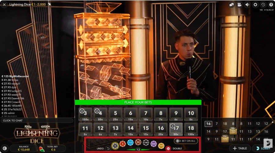 interface de sélection des jetons avec différentes valeurs de mise affichées sous la table de jeu