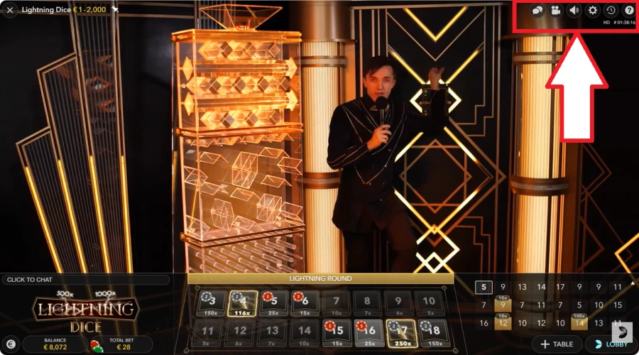 interface du jeu montrant les options de zoom, chat en direct, aide et statistiques
