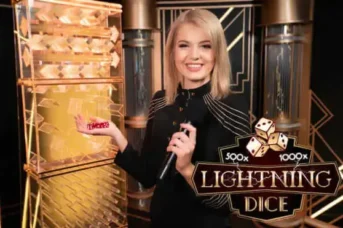 Lightning Dice d'Evolution Gaming : présentatrice en studio art deco avec la tour de dés et les multiplicateurs 500x et 1000x