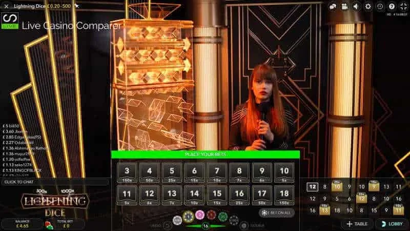 Table de mise Lightning Dice avec les 16 totaux possibles (3 à 18) et les multiplicateurs Lightning Strikes affichés