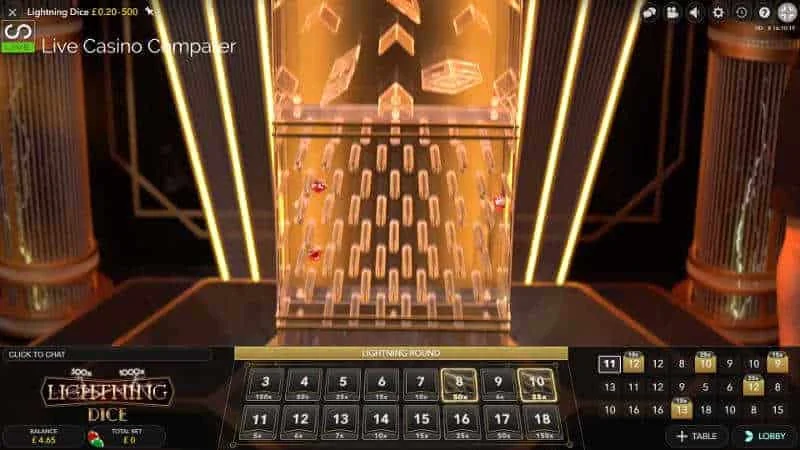 Gros plan sur la tour de cristal Lightning Dice avec les 3 dés en cascade