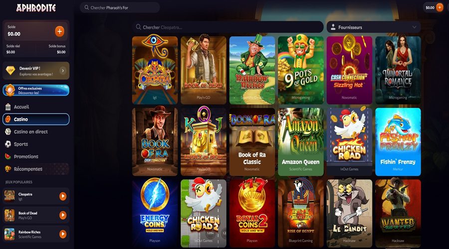 Lobby de Aphrodite casino en ligne