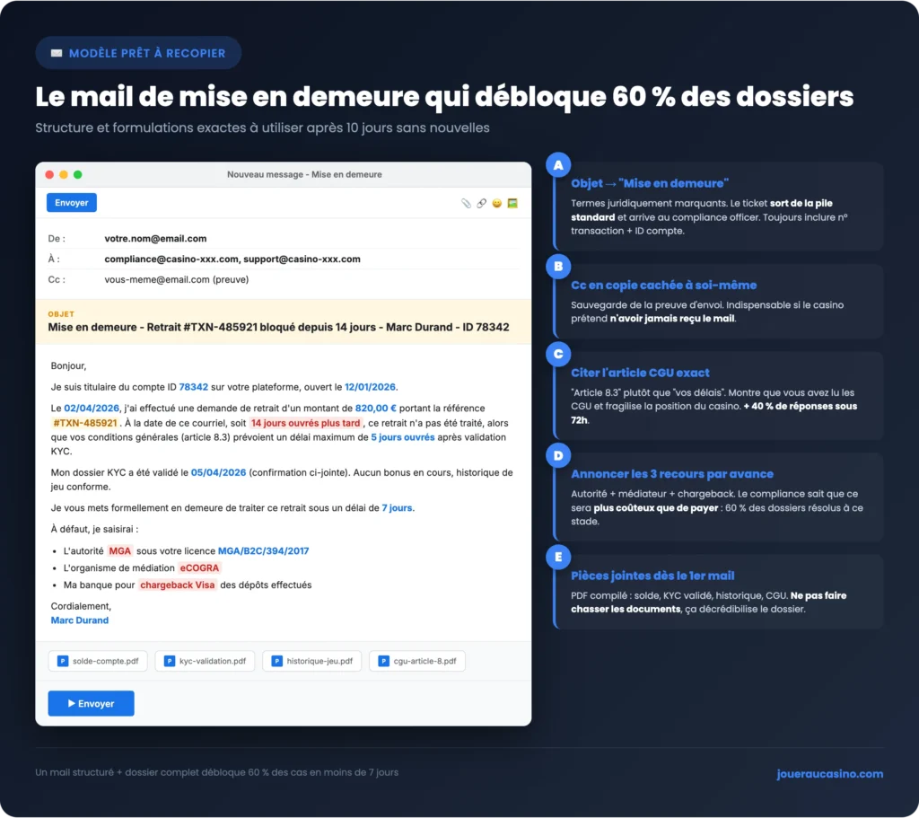 Modèle d'email de réclamation formelle à envoyer à un casino en ligne pour un retrait bloqué non payé, avec structure objet, corps et pièces jointes