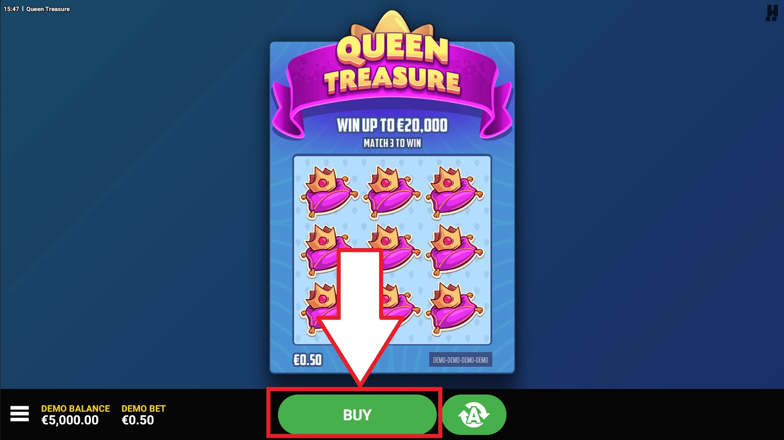Interface de Queen Treasure affichant le bouton BUY pour acheter une carte à 0,50
