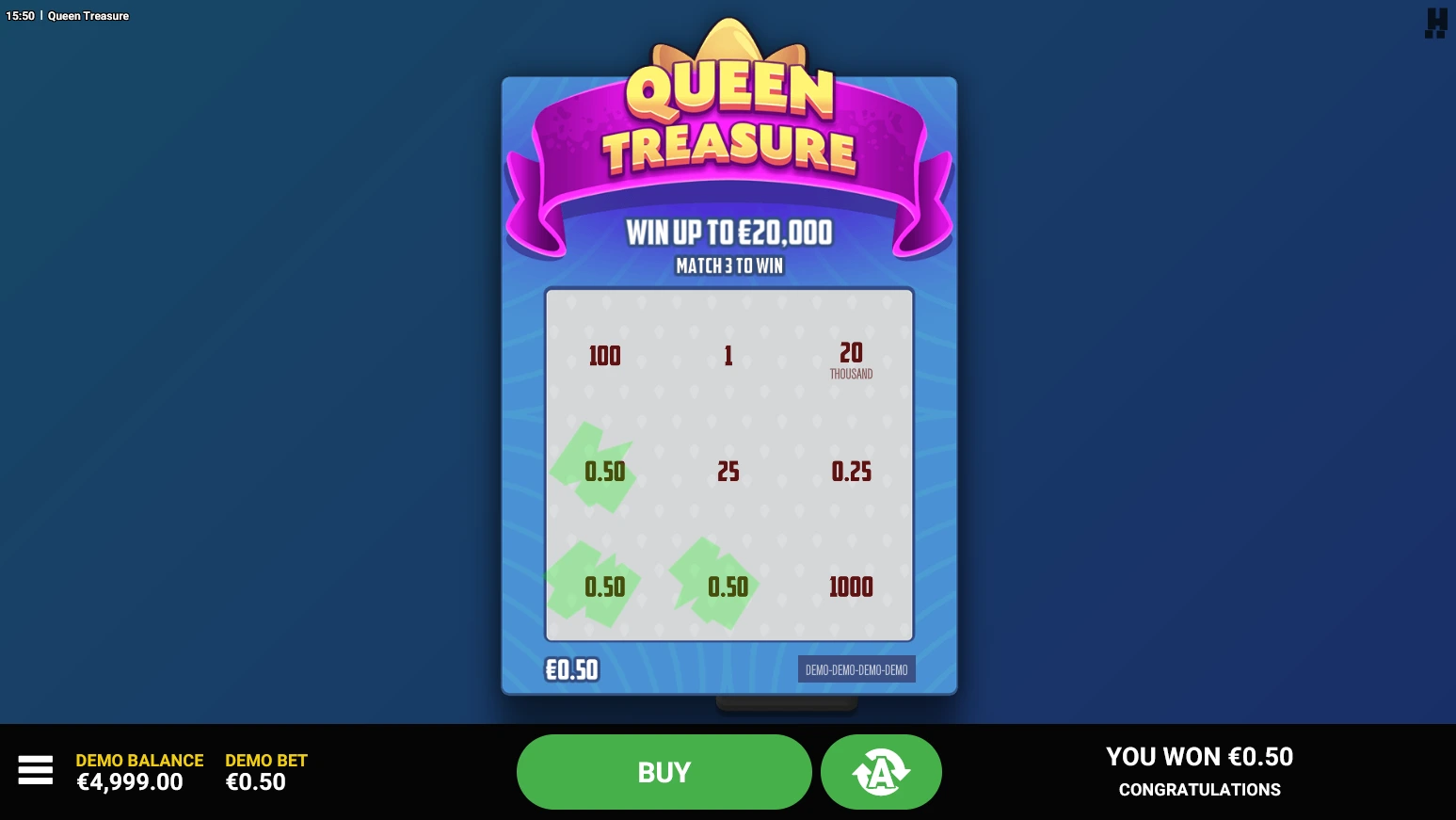 Carte Queen Treasure entièrement révélée affichant les chiffres et le résultat du tour