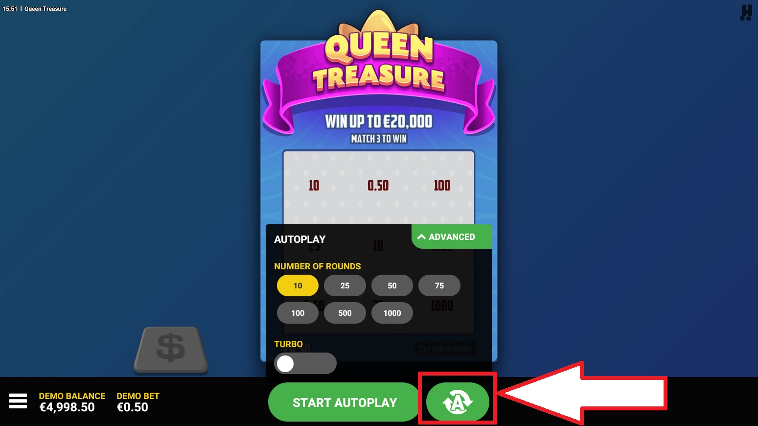 Menu autoplay de Queen Treasure pour enchaîner les cartes automatiquement