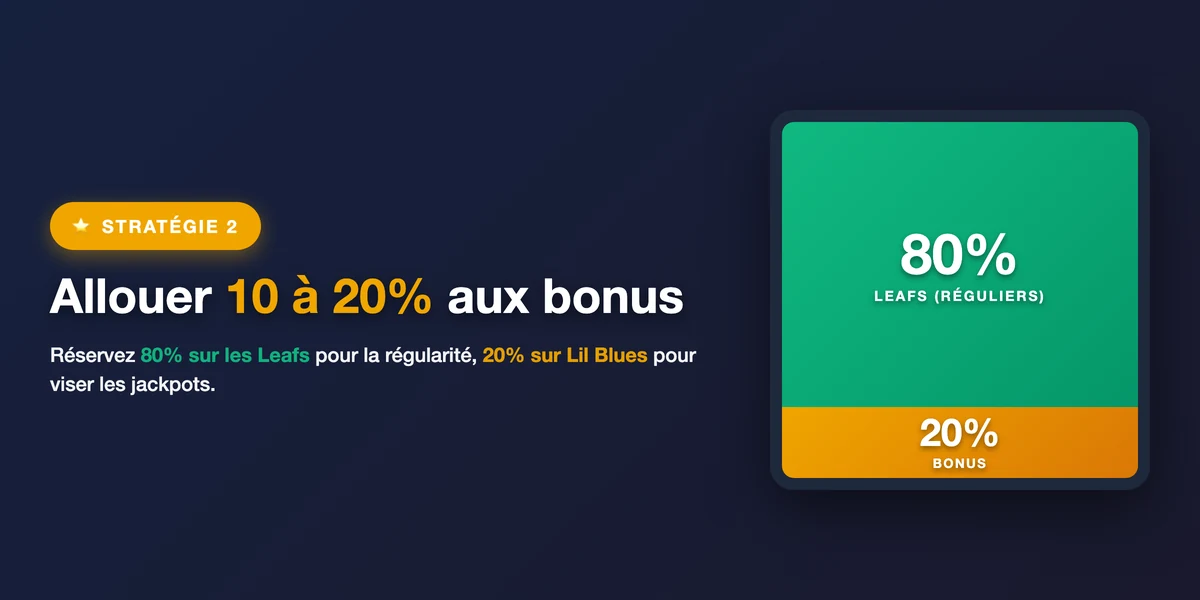 Stratégie 2 : allouer 80% sur les paris fréquents et 20% sur les bonus rares pour viser les jackpots