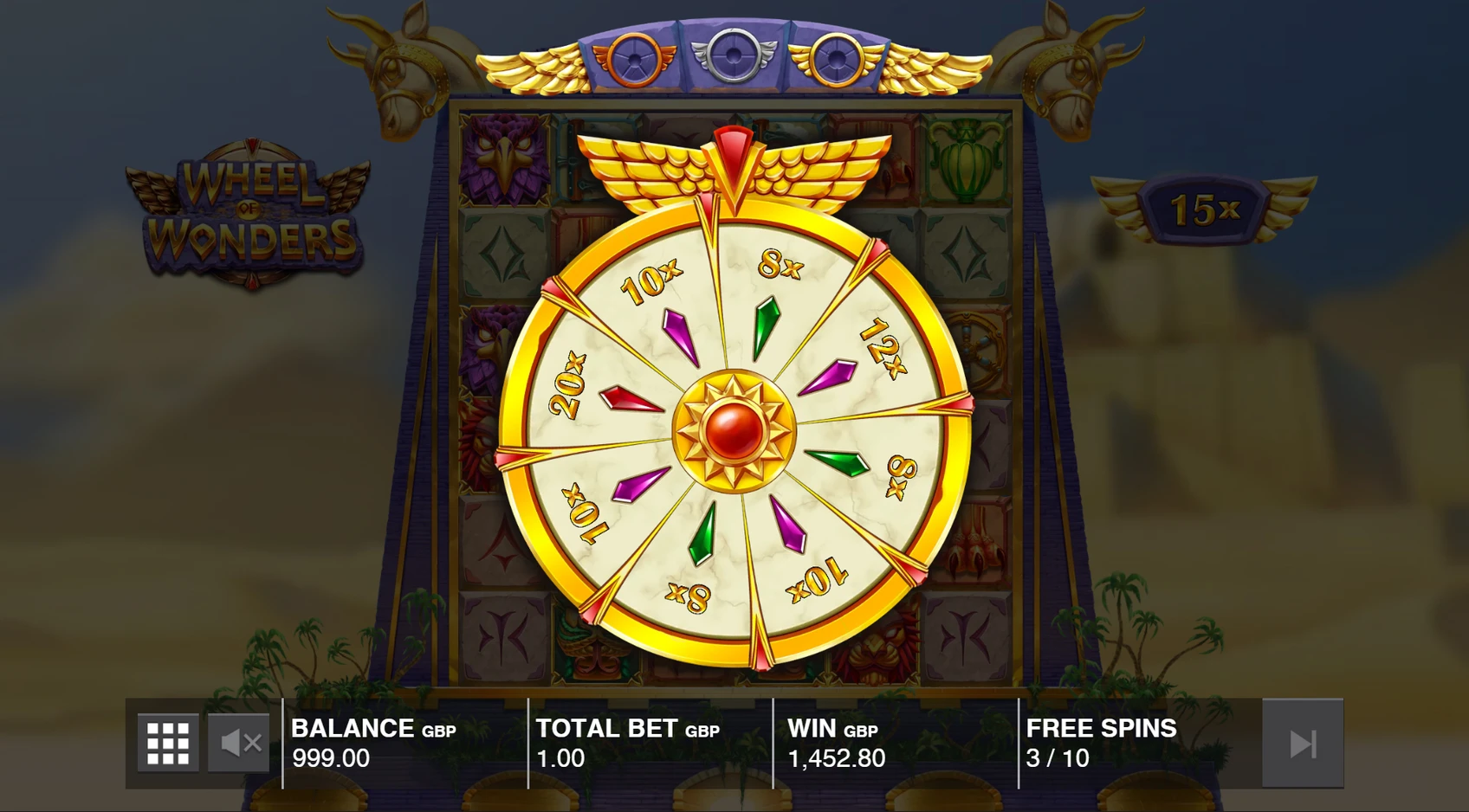 Slot Wheel of Wonders de Push Gaming : 6 rouleaux avec architecture akkadienne en arrière-plan