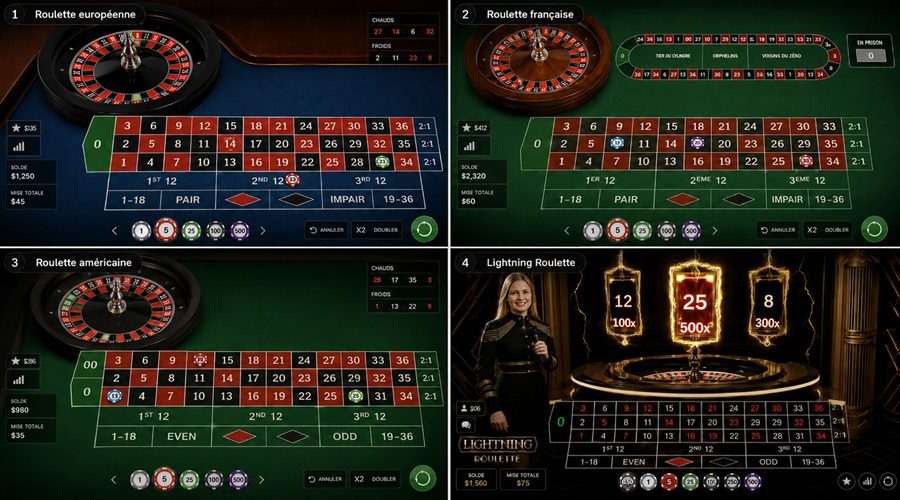 Mosaïque comparant roulette européenne, roulette française, roulette américaine et Lightning Roulette avec multiplicateurs