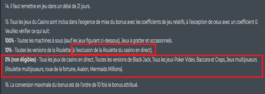 Contribution des jeux au wagering sur Betcollect casino