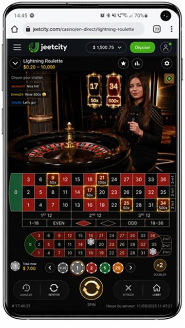 Capture mobile de Lightning Roulette sur Jeetcity, avec croupière en direct, table de roulette, jetons de mise et interface en dollars.