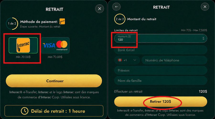 Processus de retrait Interac sur Crowngreen avec formulaire de 120 $ et délai de 1 heure.