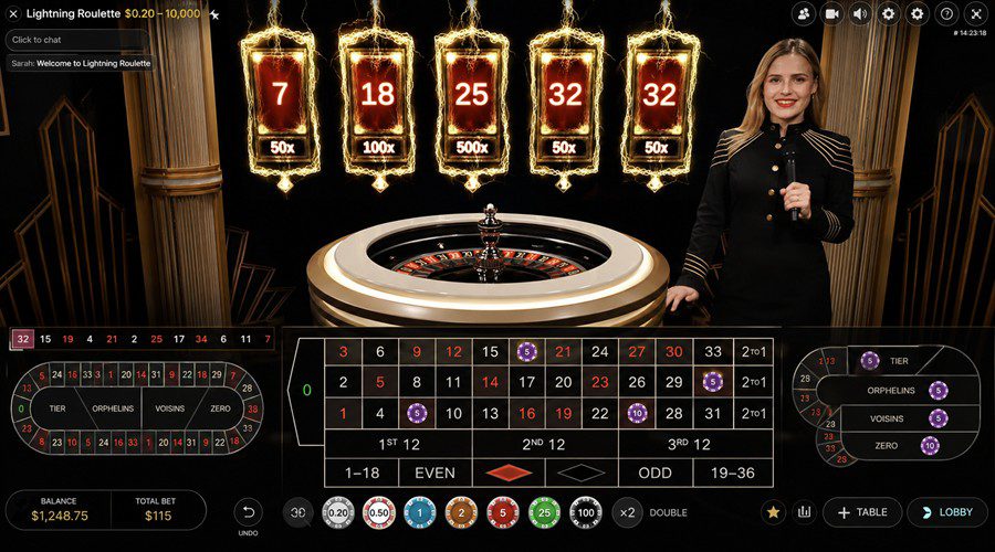 Table Lightning Roulette Evolution avec croupière face caméra, cylindre en rotation, numéros multiplicateurs