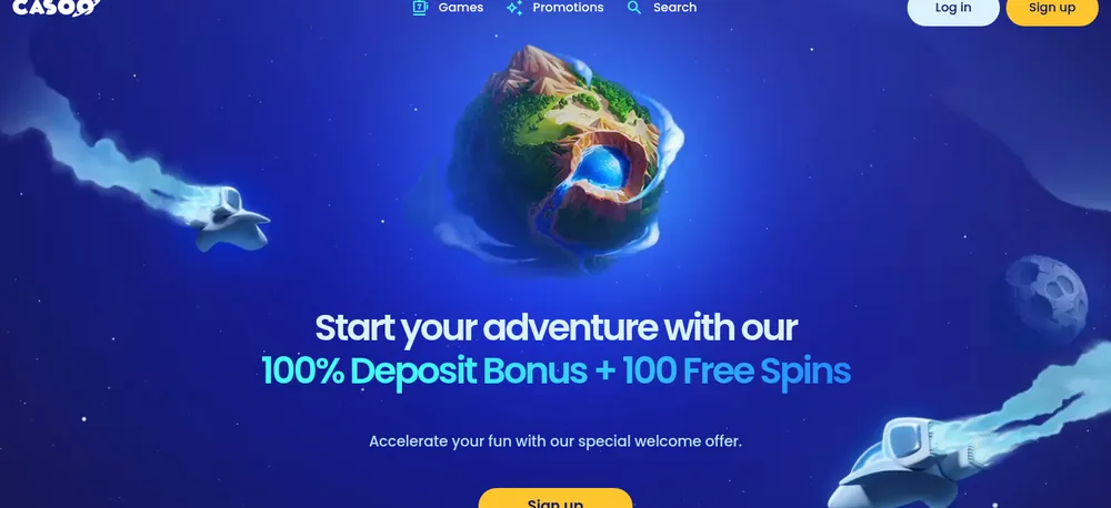 Page d'accueil de Casoo Casino avec son bonus de bienvenue