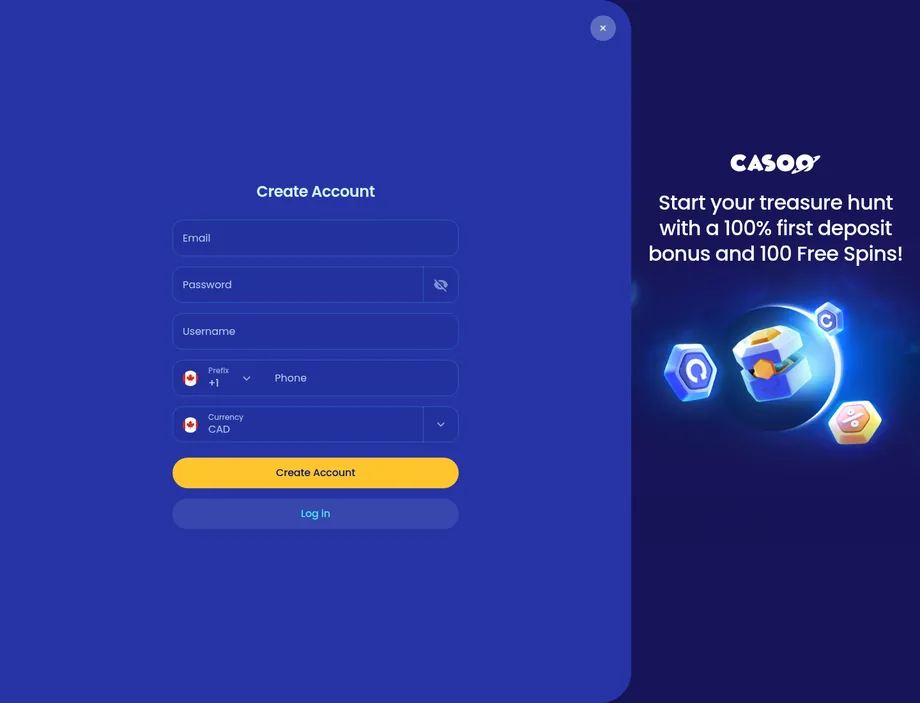 Formulaire d'inscription sur Casoo Casino en dollars canadiens