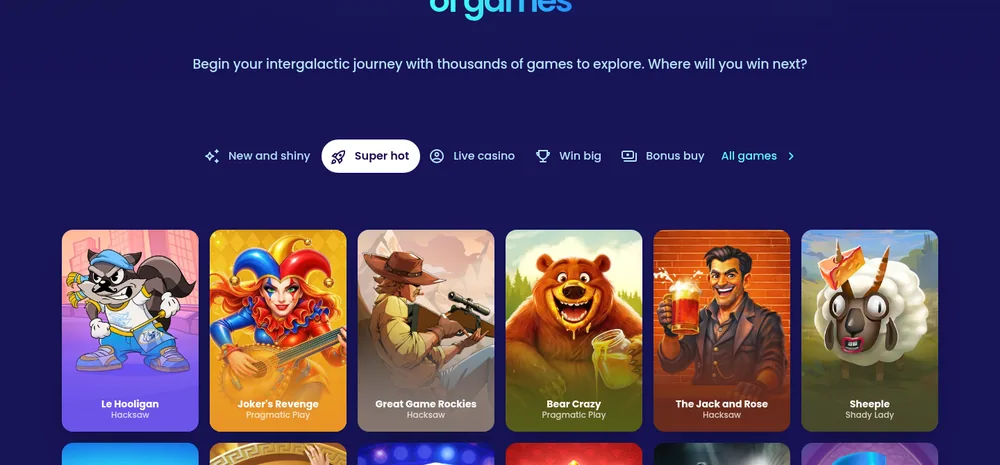 Ludothèque de jeux de Casoo Casino avec ses catégories